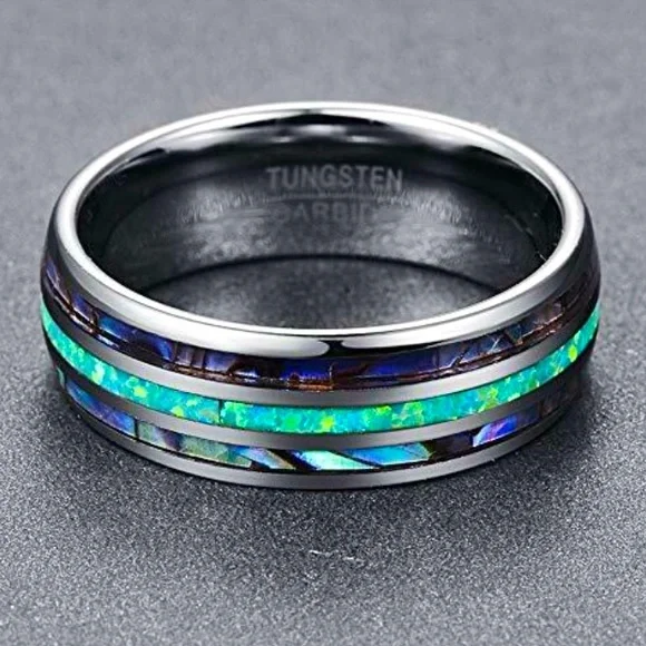 8mm Men's Tungsten Carbide Green/Blue Opal Inlay Wedding ring band